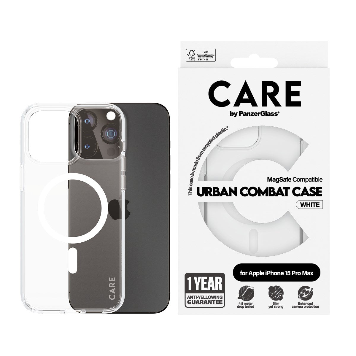 CARE by PanzerGlass® Flagship Case Transparent Urban Combat w. White MagSafe iPhone 15 Pro Max